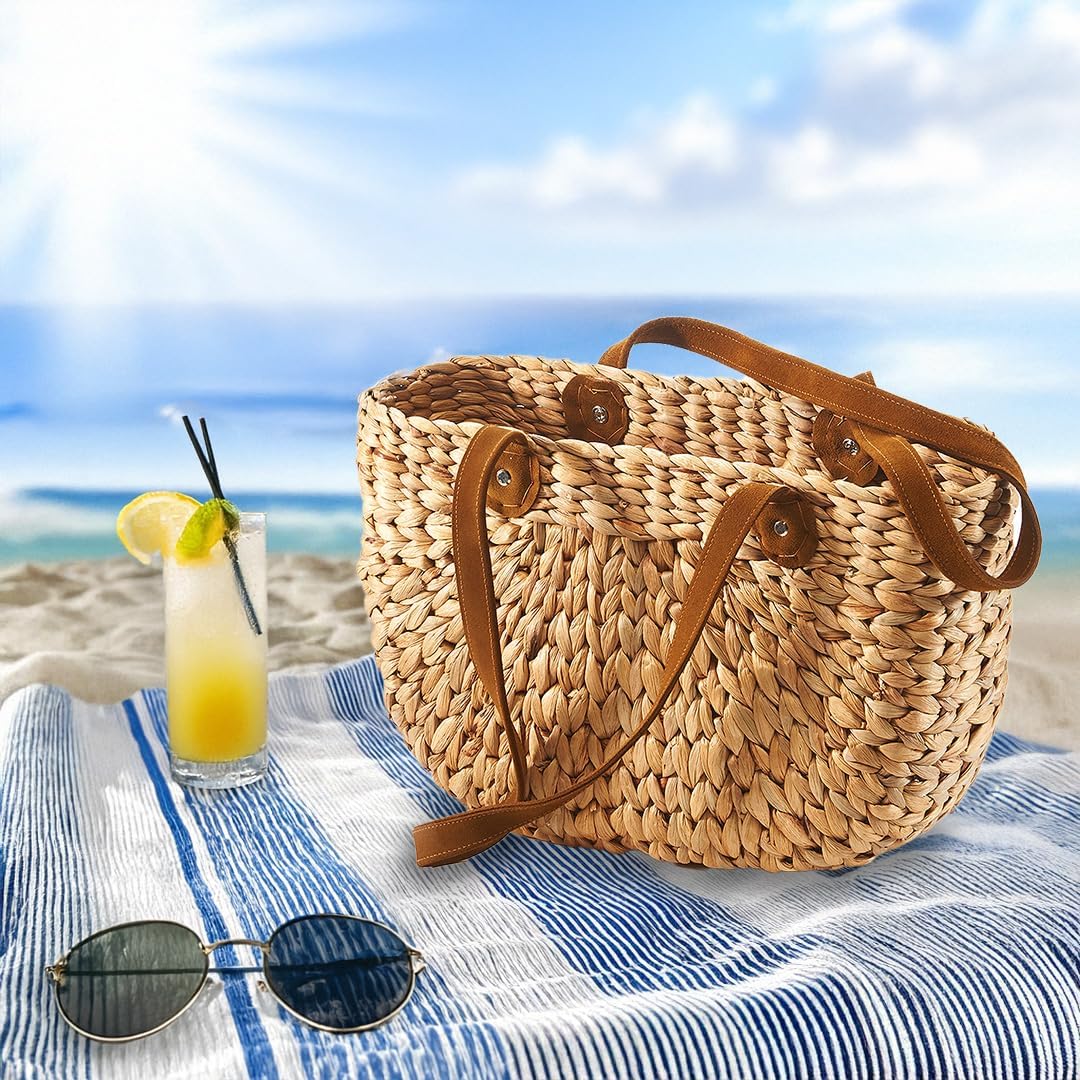 Kobolo Tasche Wasserhyazinthe, 43x16x26 cm, braune, geflochtene Henkeltasche mit robusten Kunstleder