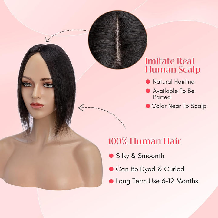 Elailite Hair Topper Echthaar #1B Naturschwarz 20cm Clip in Toupet Damen Extensions Haarteil Haartop