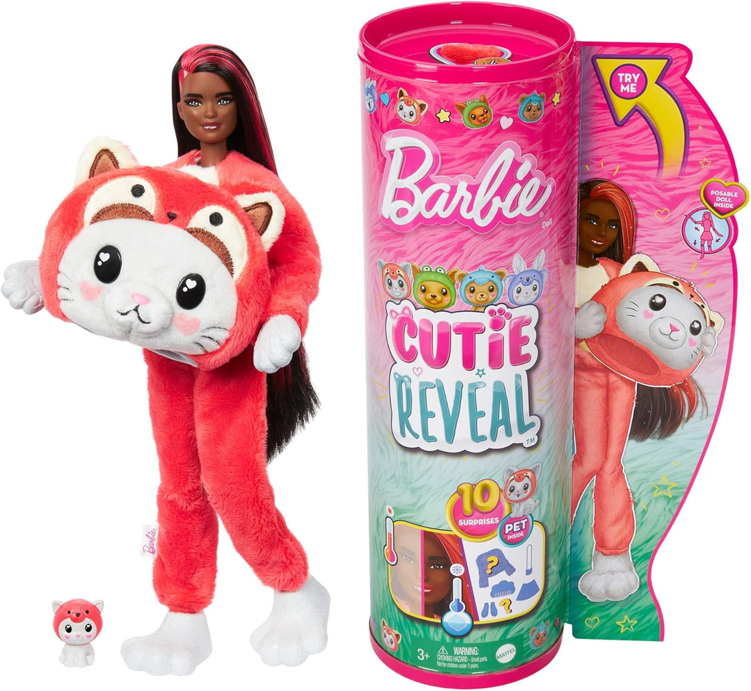 BARBIE Cutie Reveal Puppe - 10 Überraschungen, Plüschtierfreunde, Outfits und Farbwechselspass, Rote