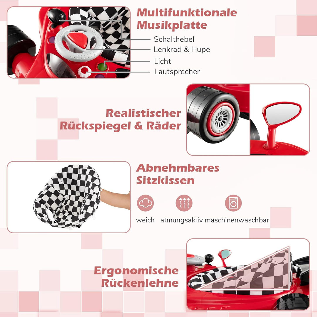 DREAMADE Lauflernwagen Klappbar, Rennauto-Motiv Lauflernhilfe mit 3 Einstellbaren Höhen, Abnehmbarem