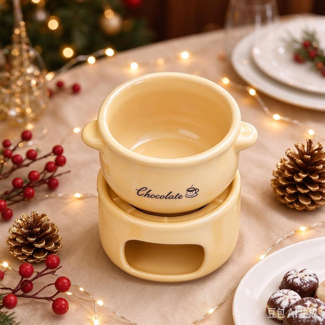 Keramik Schokoladenfondue Set mit 4 Gabeln, Gelb