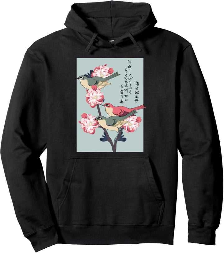 Japanese Art Birds On Peach Tree Blossoming Aesthetic Lover Pullover Hoodie