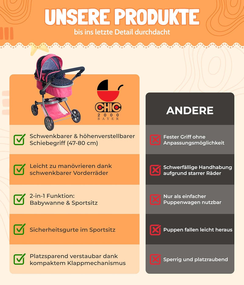Bayer Chic 2000 - Puppenwagen Mika, 2in1 Kombipuppenwagen für Kinder von 4 bis 8 Jahren, Kinderwagen