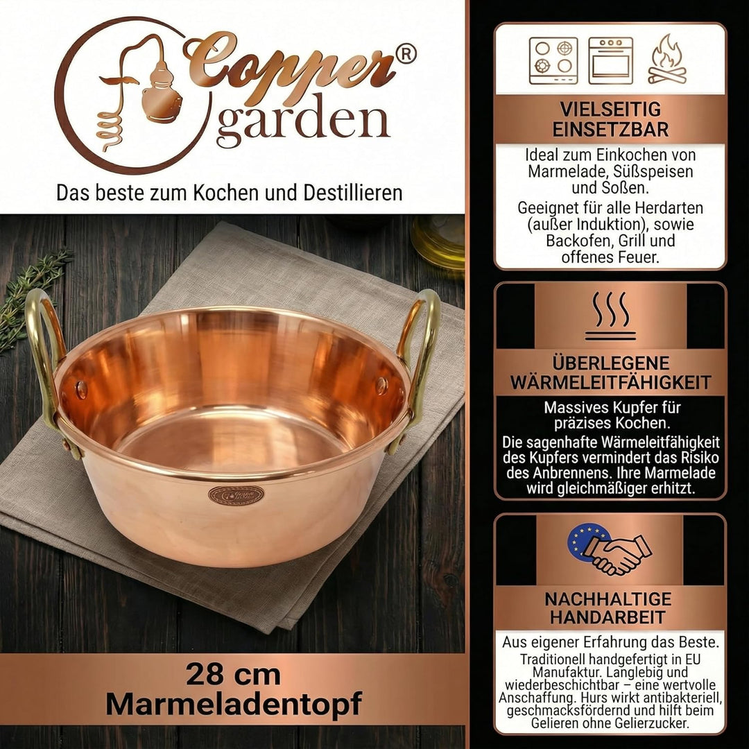 CopperGarden Sossen- & Marmeladentopf 5,4 Liter I Kochtopf aus Kupfer mit 28 cm Durchmesser I grosse