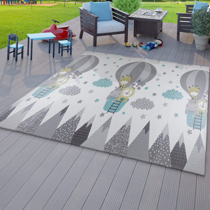 TT Home Kinder Matte Faltbar Spielmatte Krabbelmatte Berge Tier Motiv Wendbar, Farbe:Grau Petrol Cre