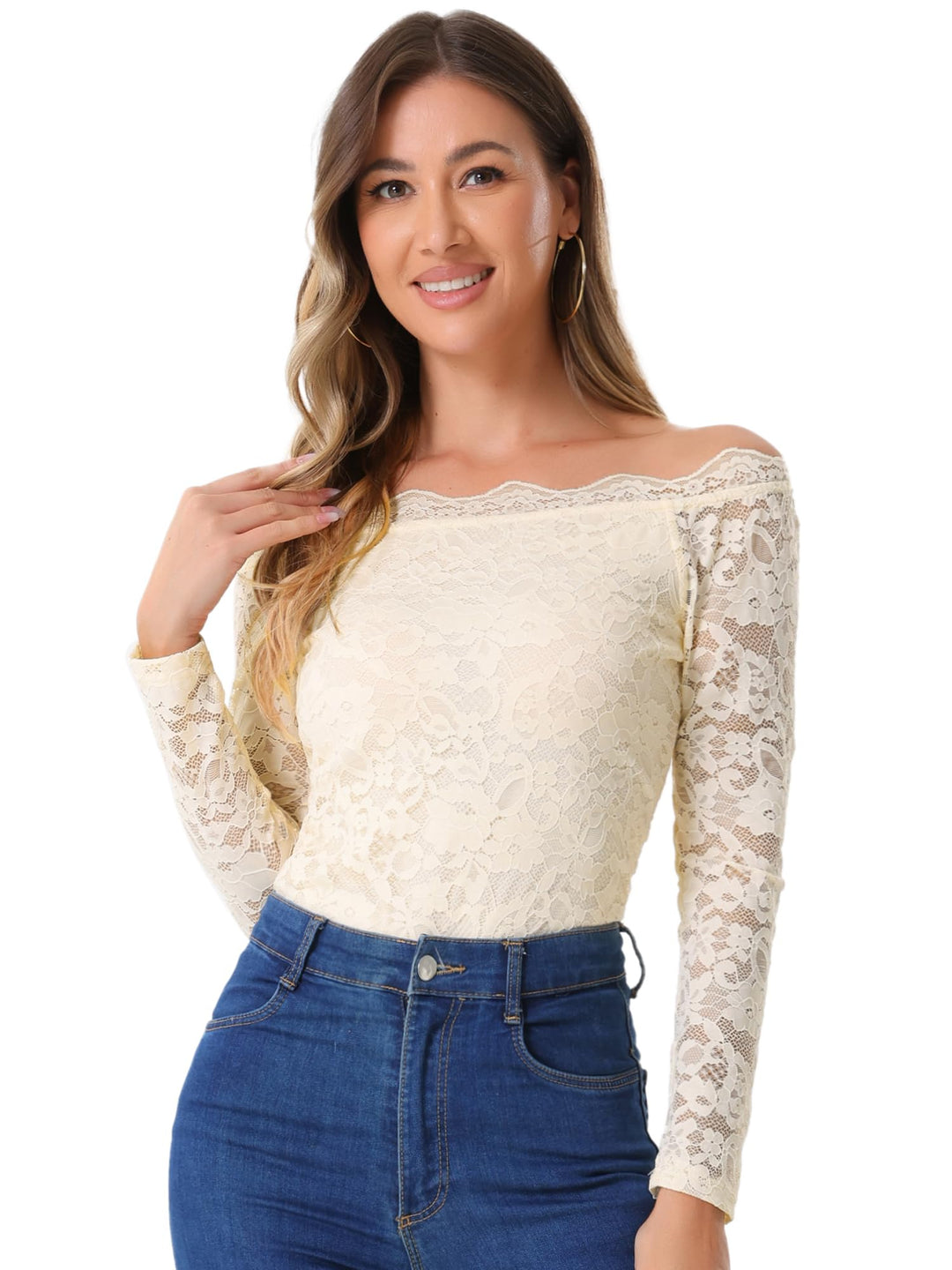 Allegra K Damen Off Shoulder Spitzenbluse Langarm Schulterfrei Oberteil Blumen Transparent Carmenblu
