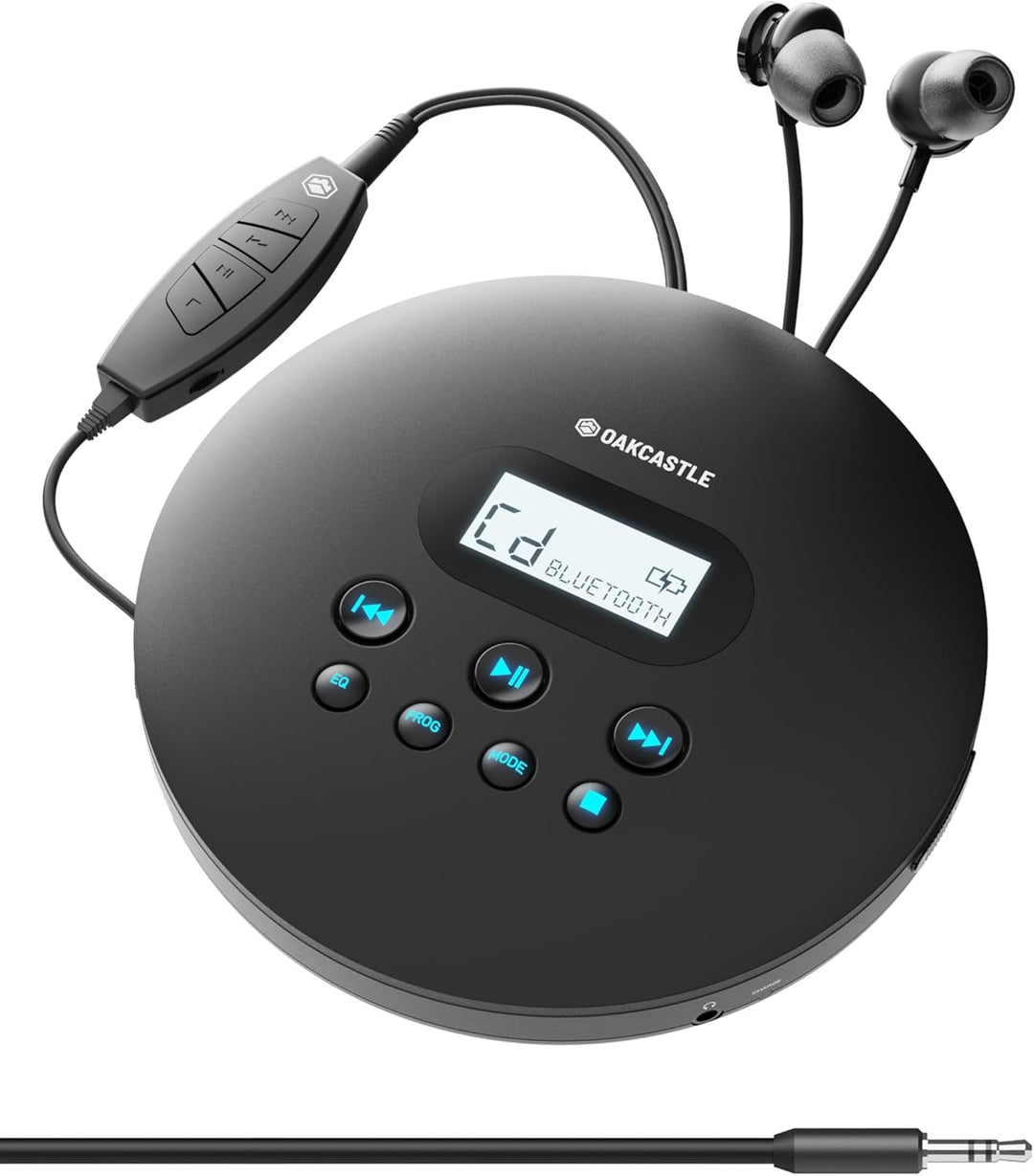Oakcastle CD100 Tragbarer Retro-CD-Player mit Bluetooth, inklusive Kopfhörer mit Kabel, Kleiner CD P