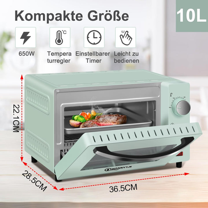 WANNYTON Minibackofen, Backofen 10 L, 650 Watt, 100-230 °C Timer 0-60 Min. inkl. Backblech Grillrost
