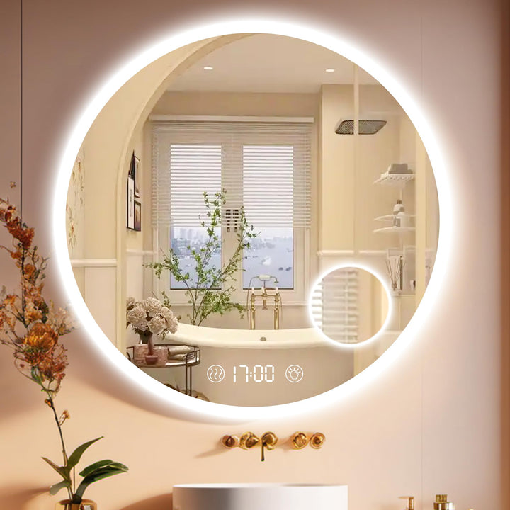 Habison Rund LED Badspiegel mit Beleuchtung 70 x 70cm LED Badezimmerspiegel Wandspiegel mit Uhrzeit
