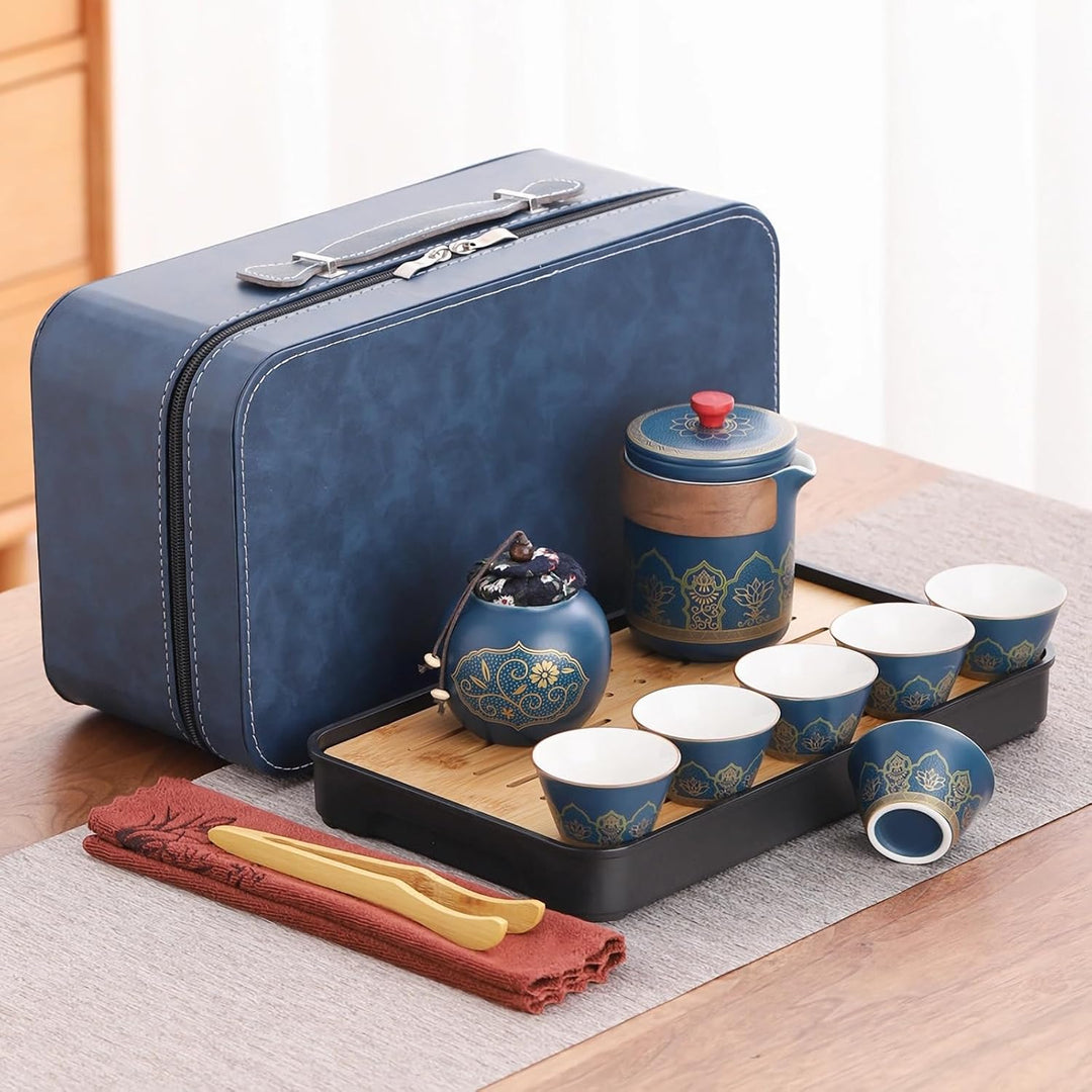 Teeservice aus Porzellan, Chinesischer Reise Tee Set mit 6 Keramik Tassen, Klein Teekanne mit Eingeb