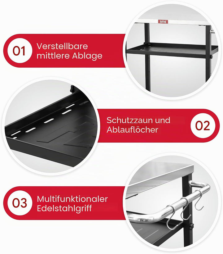 Feasto Rollender 3-stöckiger Verstellbarer Pizza-Ofen-Tisch und Lebensmittelzubereitung, für Zuhause