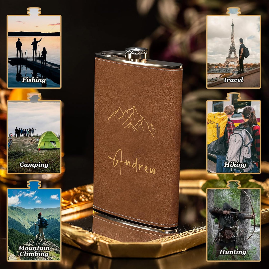 Flachmann Set mit Gravur der Berge, Flachmann Edelstahl Gross 12oz/355ml Personalisiert für Geburtst