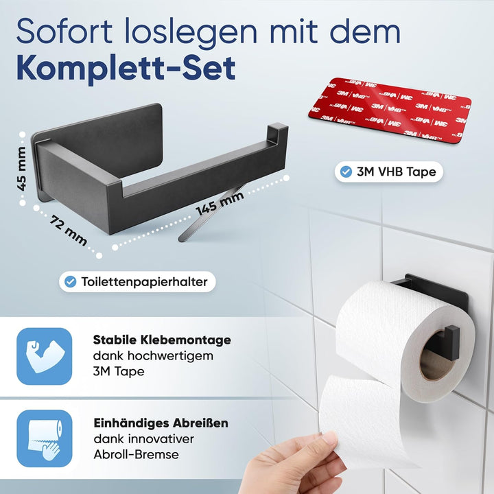 WOHNHELD® Toilettenpapierhalter ohne Bohren [Mit Abroll-Bremse] Edelstahl - Silber & Schwarz - Kloro