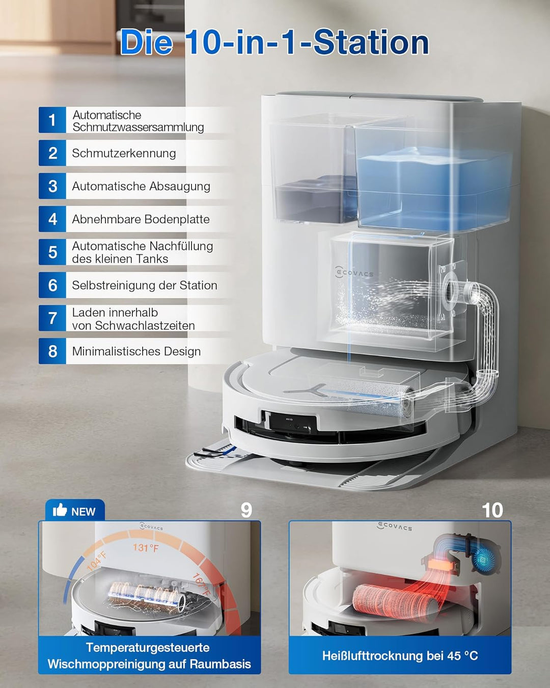 ECOVACS DEEBOT T80 OMNI Saugroboter mit Wischfunktion, 18.000 Pa, OZMO ROLLER Wischwalze mit kontinu