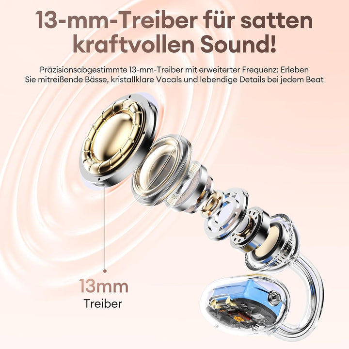 PAXA 2-in-1 Doppel-Set Clip On Kopfhörer Open Ear Kopfhörer Bluetooth 6.0 0ms Verzögerung, 140H Spie