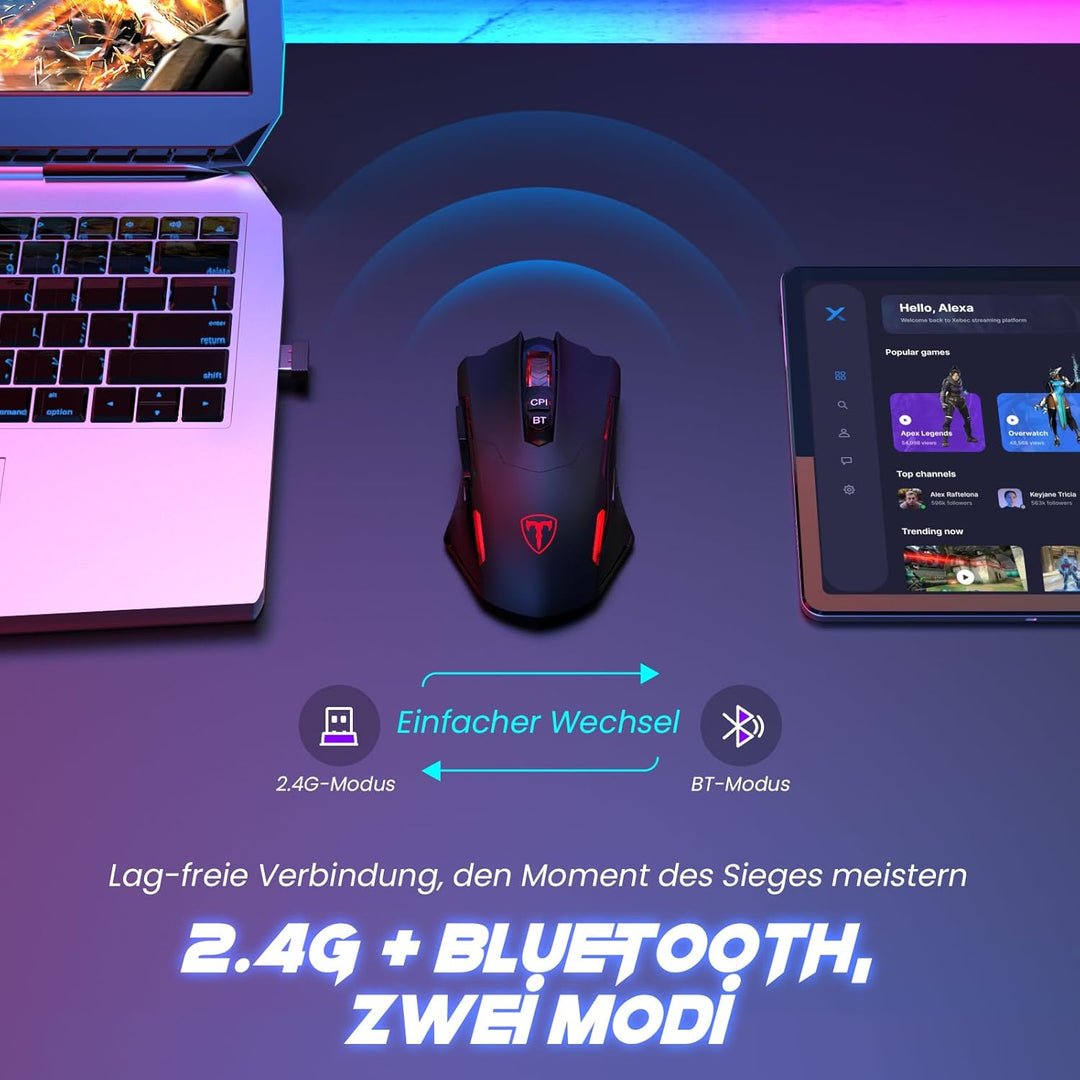 RisoPhy Gaming Maus Kabellos, Gaming Mouse Wireless mit 7 Programmierbare Tasten und 5 Einstellbare