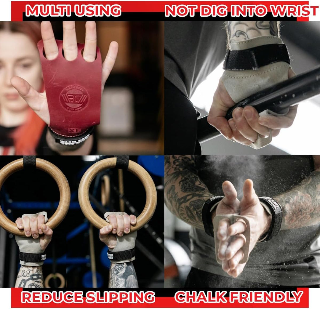 WARM BODY COLD MIND Leder Hand Grips - 3-Loch Handschuhe für Gewichtheben, Gymnastik, Crossfit, Pull