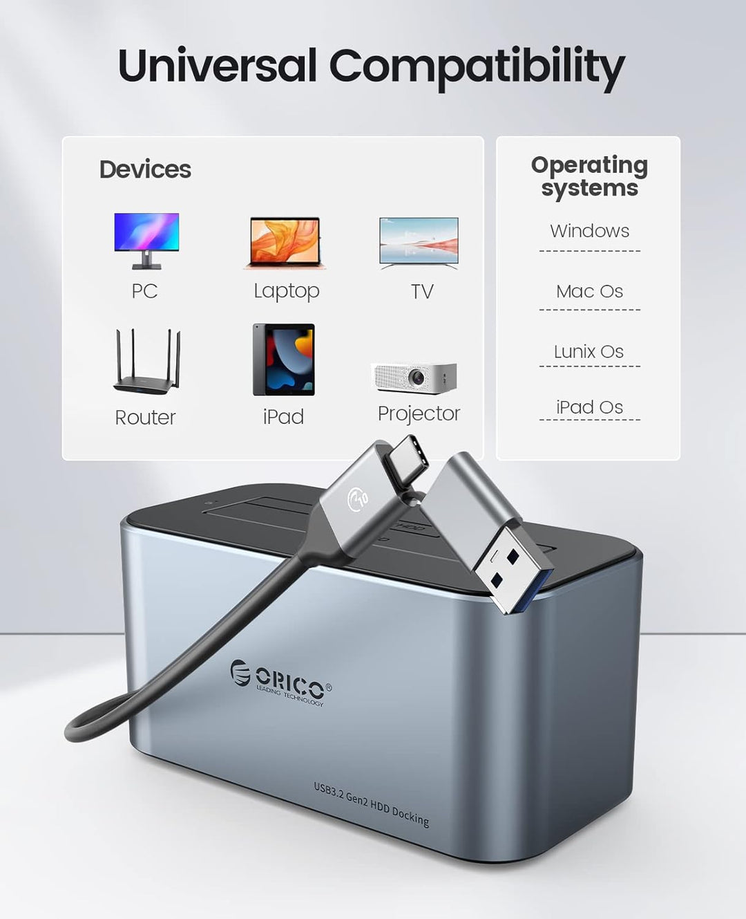 ORICO Aluminium Festplatten Dockingstation, 6Gbps USB 3.2 Gen 2 SSD/HDD Docking Station für SATA 2,5