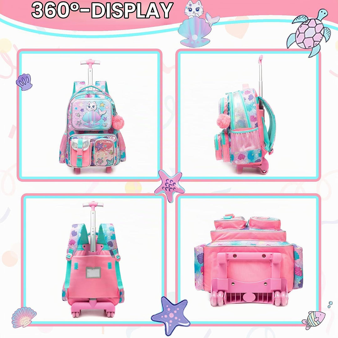 HTgroce Schulranzen Trolley Mädchen Meerjungfrau Rolling Backpack for Girls Einhorn Rucksack Mit Rol