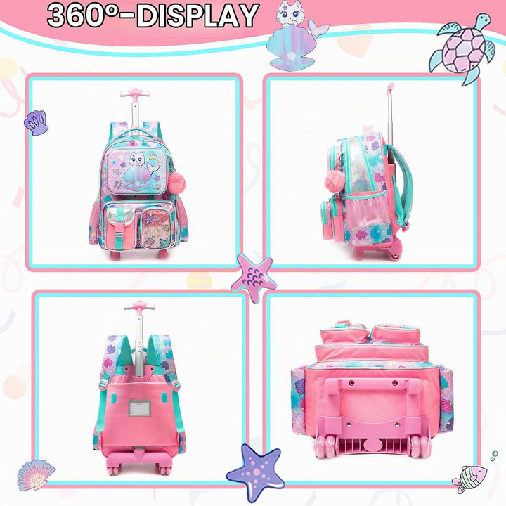 HTgroce Schulranzen Trolley Mädchen Meerjungfrau Rolling Backpack for Girls Einhorn Rucksack Mit Rol