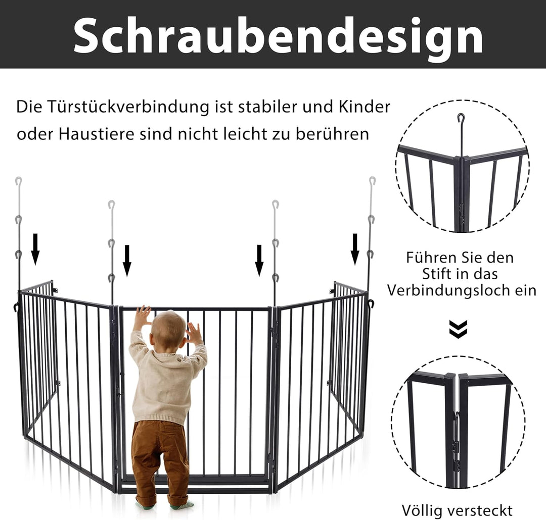 LARS360 Schwarz Kaminschutzgitter inkl. Sicherheitstür aus Metall, 5 Elemente Türschutzgitter Absper