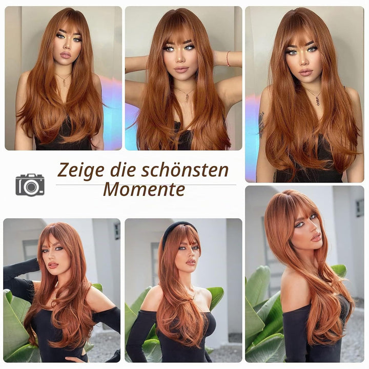 HAIRCUBE Lange Auburn Perücke mit Pony Layered Lockige Orange Perücken für Frauen Natürliche synthet