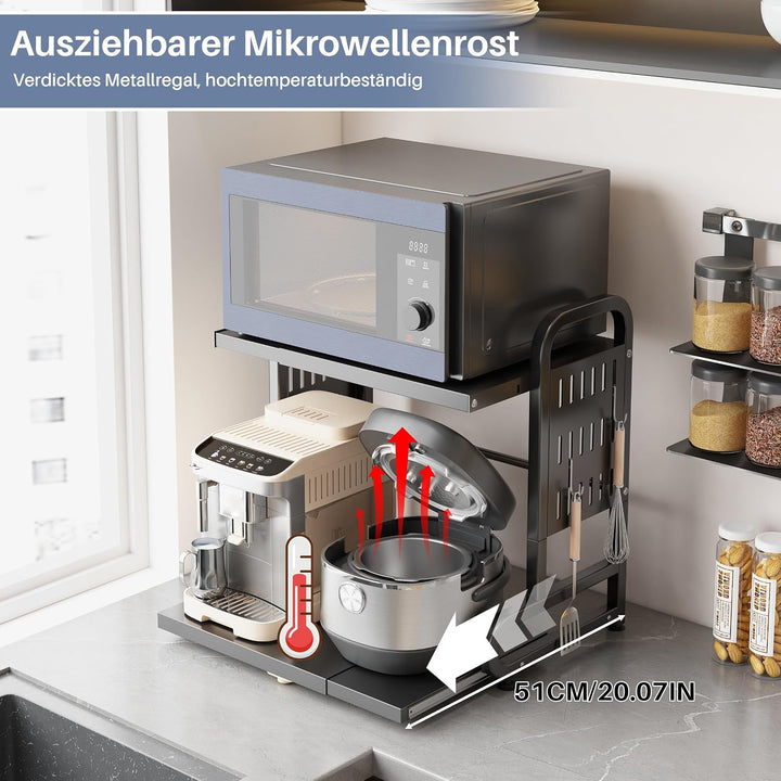 Ornestia Ausziehbares Mikrowellenregal mit Schublade, 2-stöckiges Mikrowellenregal mit 6 Metallhaken