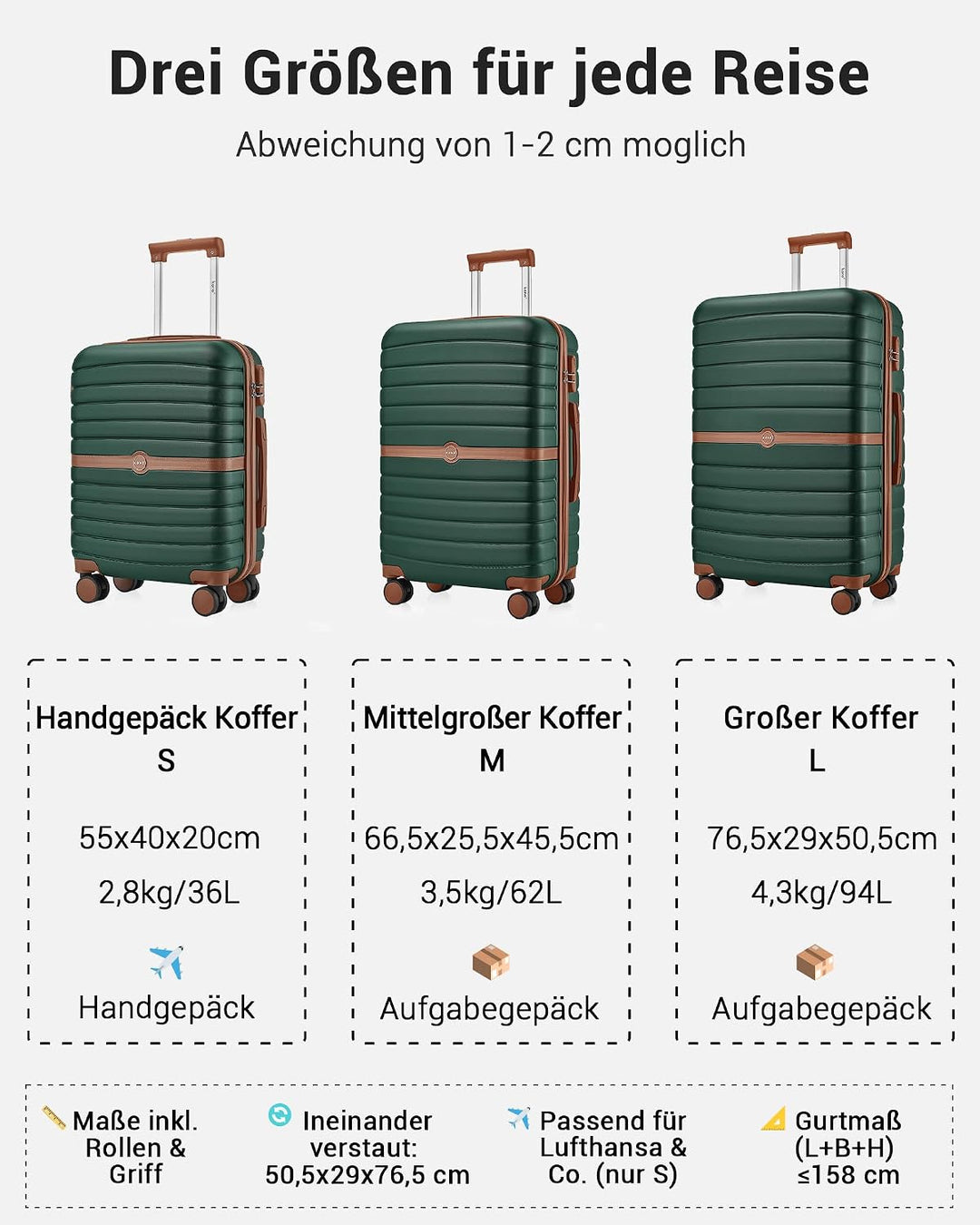 KONO Koffer Reisekoffer Trolley Koffer Gross von ABS+PC Hartschalenkoffer mit Zwillingsrollen und Za