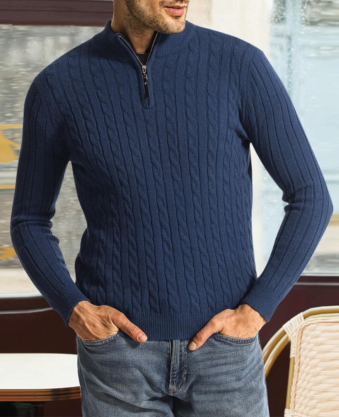 Superora Herren Stehkragen Pullover Basic Feinstrick Pullover mit 1/4 Reissverschluss Slim Fit Pulli