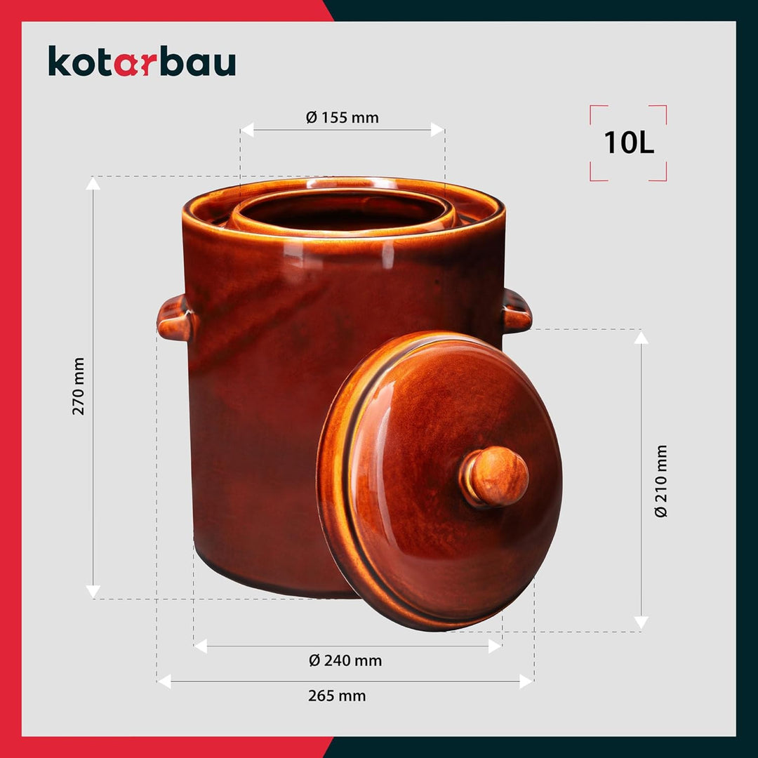 KOTARBAU® Gärtopf 10 L Braun Steinzeugtopf mit Hermetikdeckel Sauerkrauttopf Gurkentopf Einmachtopf