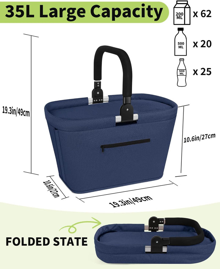 35L Kühltasche Einkaufskorb Faltbar mit 2 Stützstangen, Grosse Isolierte Kühlkorb mit Aluminium Grif