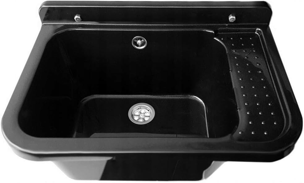 VBChome Ausgussbecken 50 x 34 x 21 cm Schwarz Seifenspender Spülbecken Waschtrog mit Überlauf Waschb