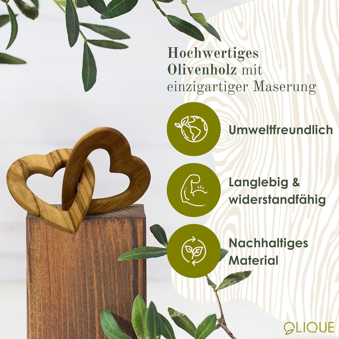 Holzherzen personalisiert, Olivenholz - Verbundene Holz Herzen mit Gravur als individuelles Geschenk
