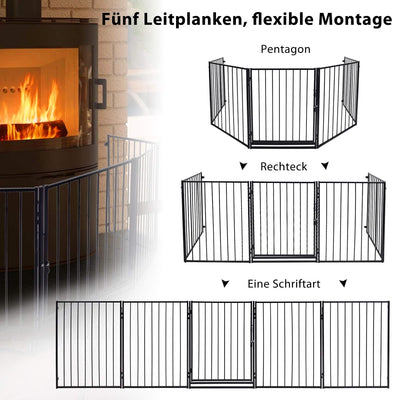 Aufun 5-tlg Metall Kaminschutzgitter mit Tür Schwarz Laufstall 60 x76 cm Kindersicherer Kaminzaun Tü