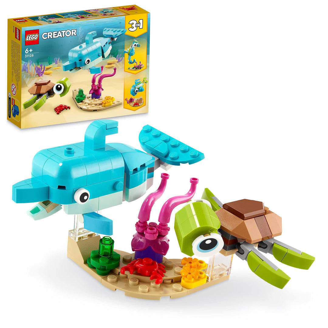 LEGO 31128 Creator 3-in-1 Delfin und Schildkröte, Seepferdchen, Fisch, Meerestieren-Figuren, Spielze