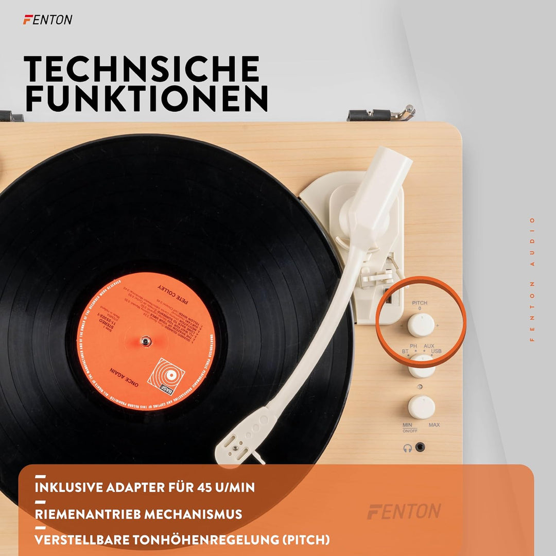 Fenton RP162S Schallplattenspieler Bluetooth Plattenspieler mit Lautsprecher, Pitch Control, MP3, RC