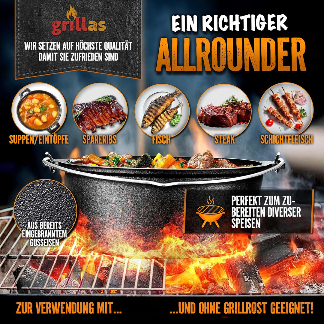 grillas Dutch Oven Set inkl. Rezeptideen | bereits eingebrannt - preseasoned | Feuertopf Gusseisen I