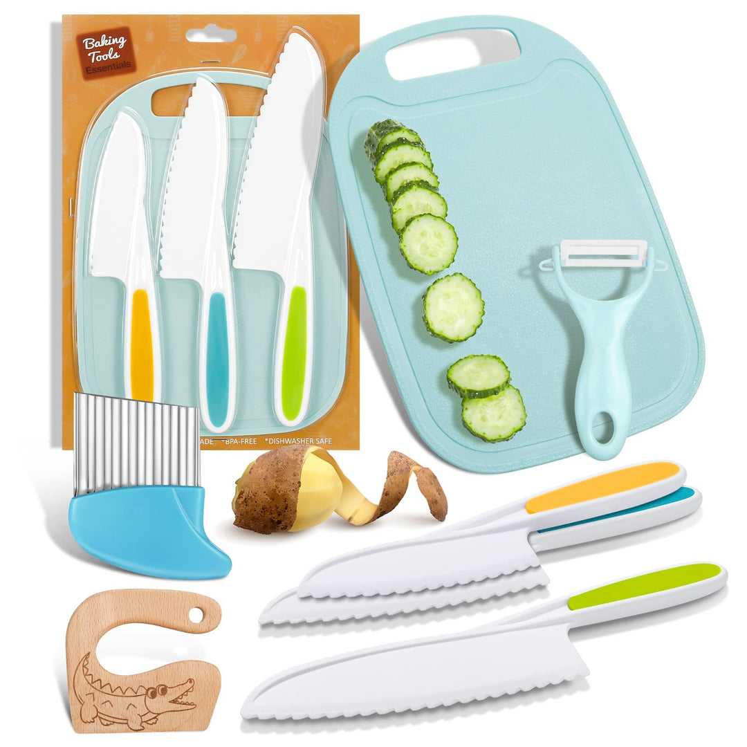 Veraing 7 Stück Kinderküchenmesser Set, Kindermesser Montessori Messer Schäler Schneidebrett Sicherh