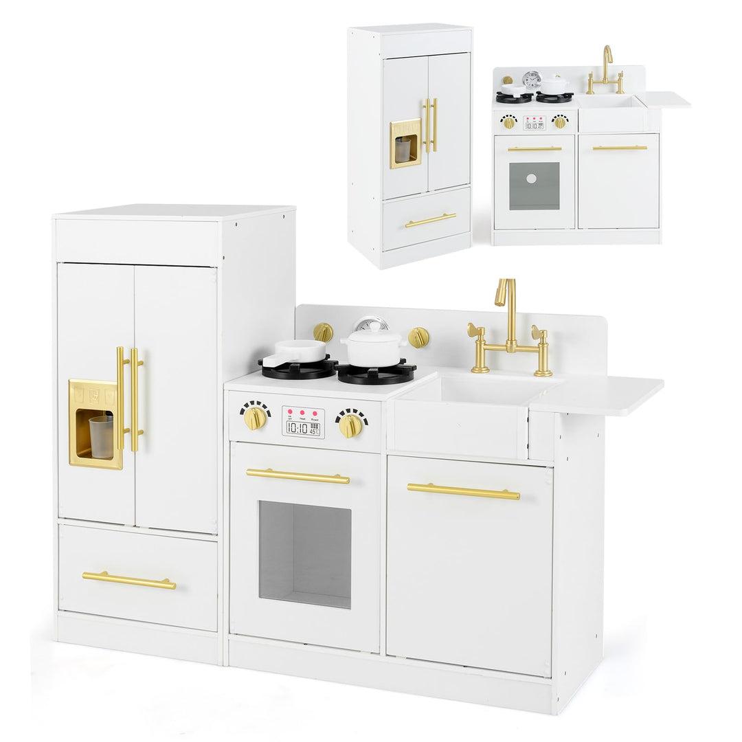 COSTWAY Kinderküche mit Kühlschrank, Spielküche Holz mit Herd & Spüle & Spülmaschine, Spielzeugküche