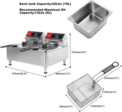 CROSSON 12L Elektrische Fritteuse mit doppeltem Tank und rotierendem Fritteusenkopf, 30-Minuten-Time