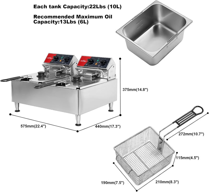 CROSSON 12L Elektrische Fritteuse mit doppeltem Tank und rotierendem Fritteusenkopf, 30-Minuten-Time