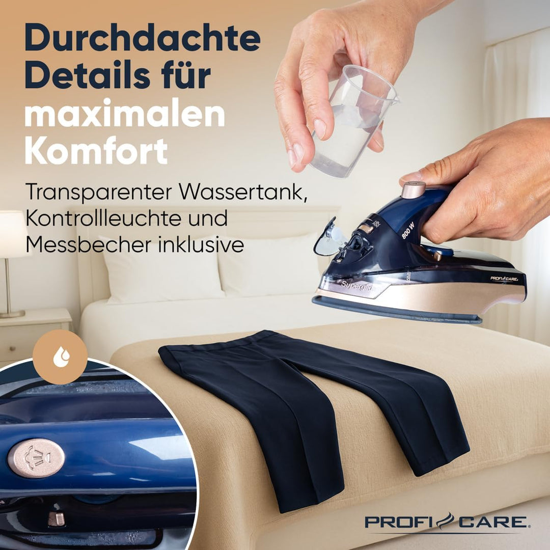 ProfiCare® Reisebügeleisen | Mini Bügeleisen mit klappbarem Griff | 800W | Keramiksohle | 40ml Wasse