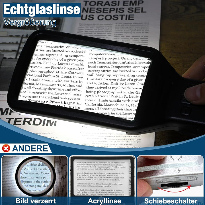 15-fache Leselupe mit Licht, GrossE Optisches Glas Handlupe, 3 Farbmodi, Led dimmbare beleuchtete Lu