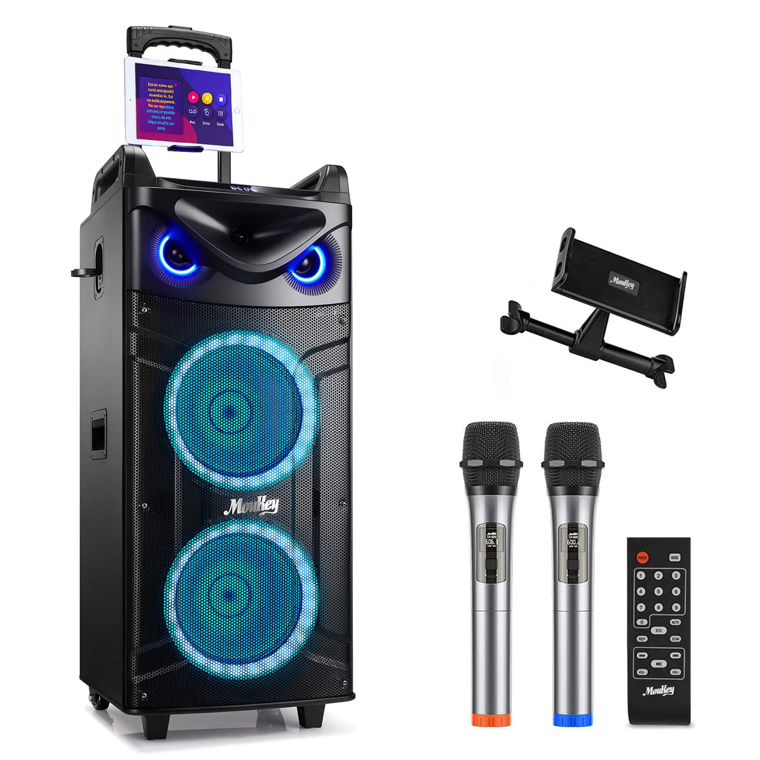 Moukey Karaoke Anlage, Doppelter Woofer PA Anlage mit 2 drahtlosen Mikrofonen, Disco Lichter, Blueto