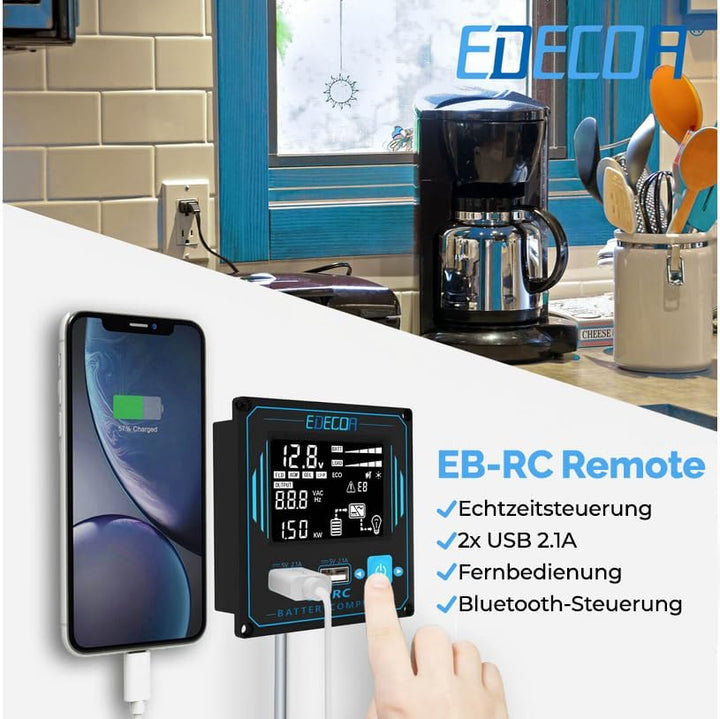 EDECOA Wechselrichter 1500W Reiner Sinus – 12V auf 230V mit ECO-Modus, Bluetooth & App für Auto, Woh