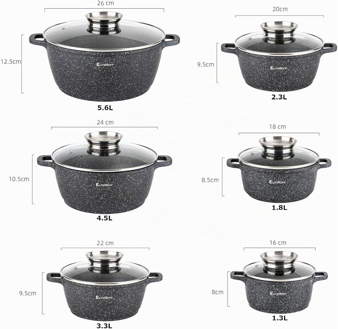 EliteHoff Kochtopf Set Induktion, Topf aus Aluminiumguss mit Antihaftbeschichtung, Topfset mit Glasd