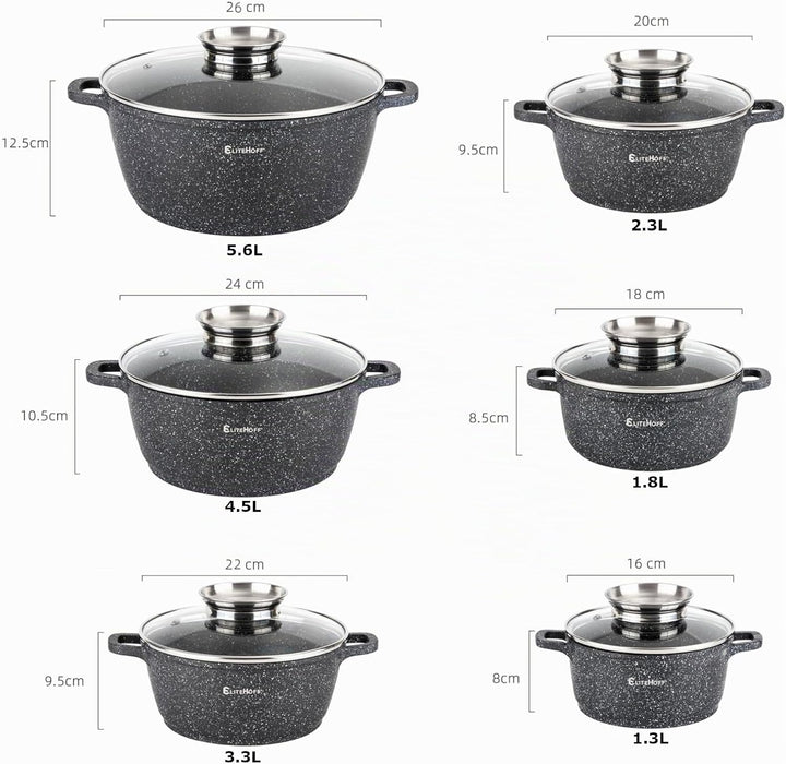 EliteHoff Kochtopf Set Induktion, Topf aus Aluminiumguss mit Antihaftbeschichtung, Topfset mit Glasd