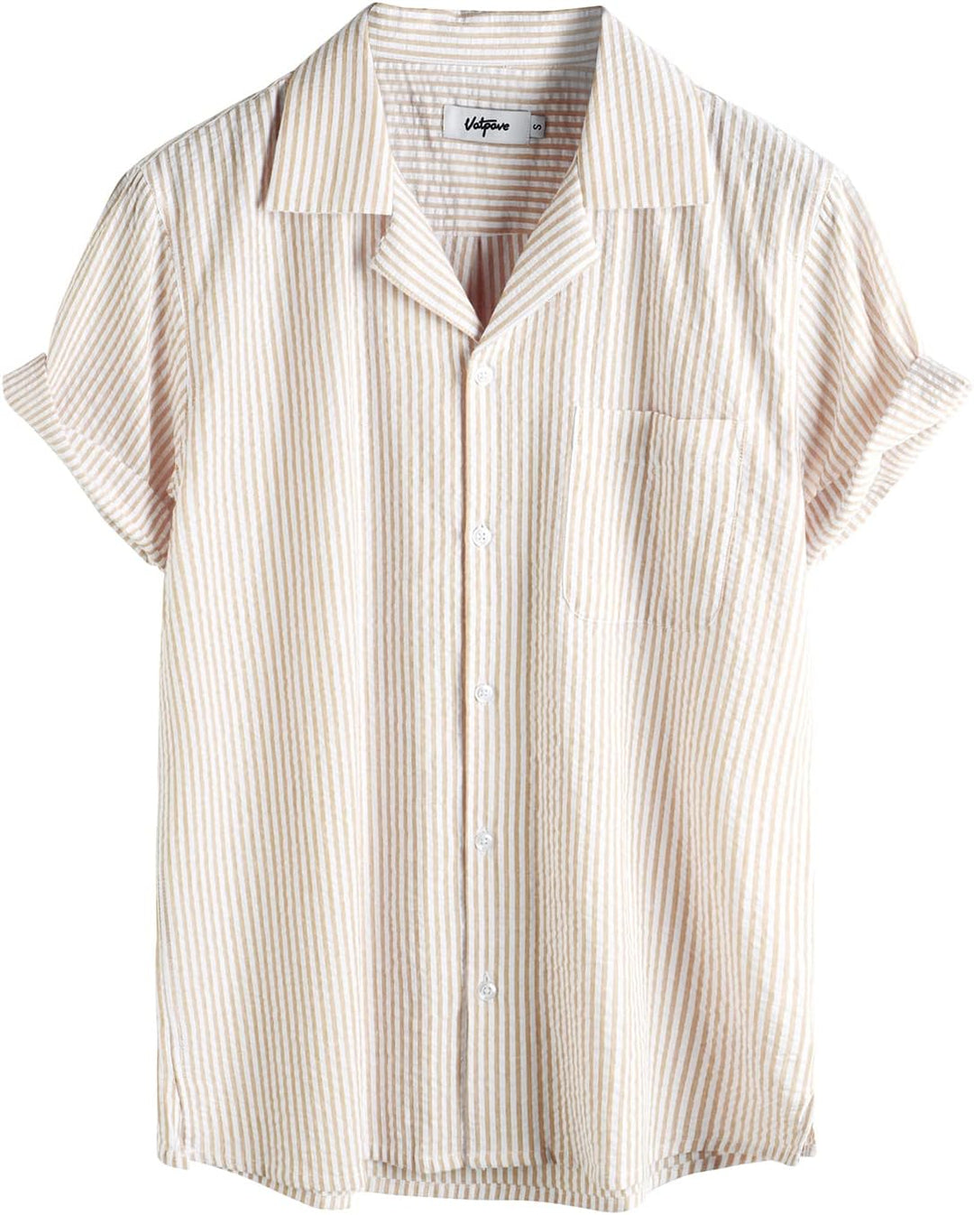 VATPAVE Herren Gestreifte Sommerhemd Casual Button Down Kurzarm Strand HawaiiHemd M Khaki, M Khaki