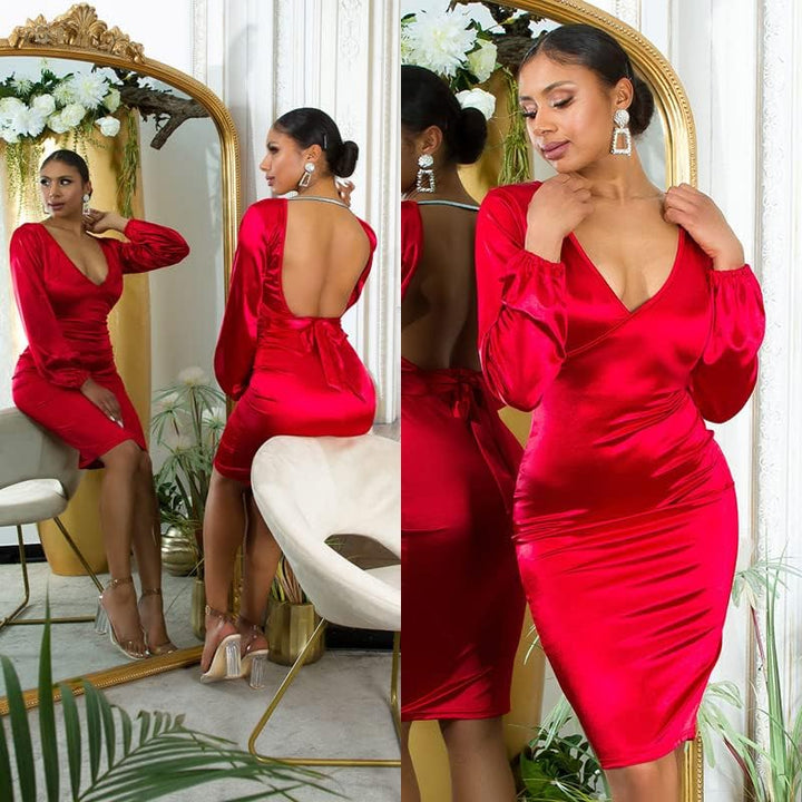 Koucla Rückenfrei Satin Look V-Neck Midi Cocktail Kleid mit Deko Schleife M Rot, M Rot