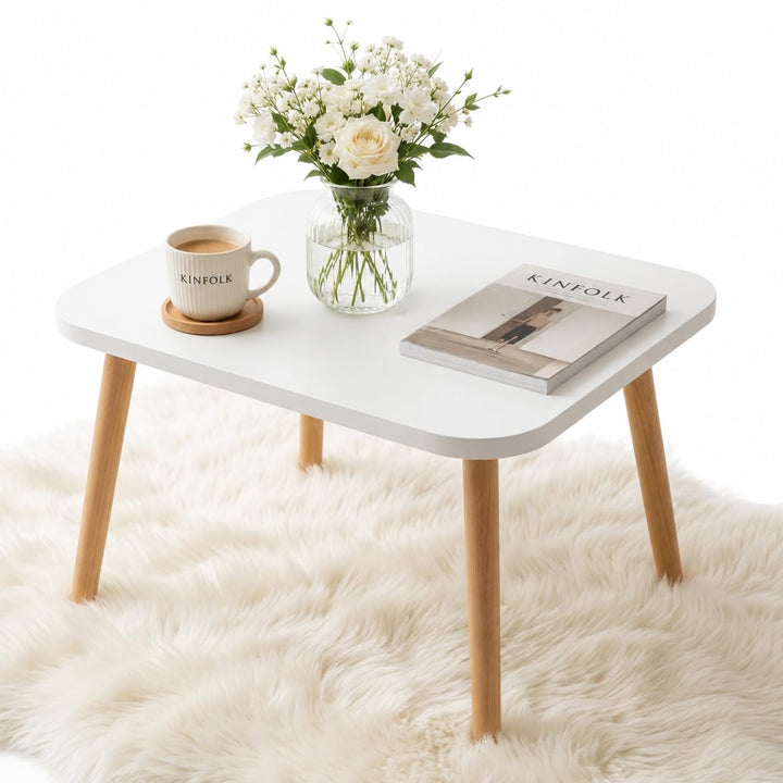 PlayPals Couchtisch Weiss Rechteckig 70x50 cm – Skandinavischer Wohnzimmertisch Holzbeine, Sofatisch